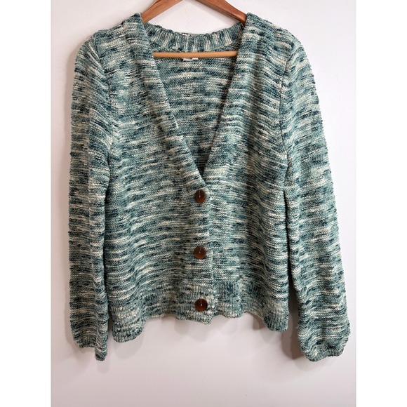J. Jill Sweaters - Pure Jill Teal Space Dye Cotton Cardigan Sweater Womens L Preppy Academia Beach